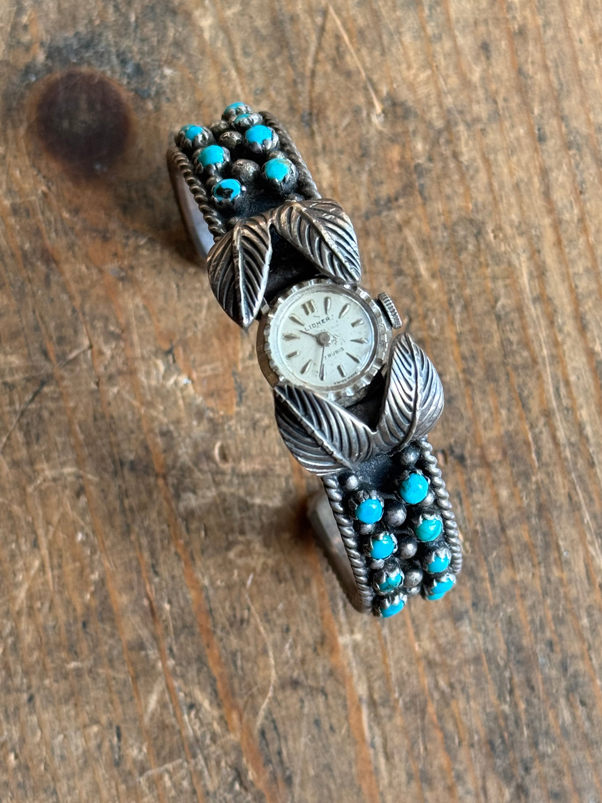 Vintage Sterling Silver Petit Point Turquoise Leaf Watch Cuff Bracelet