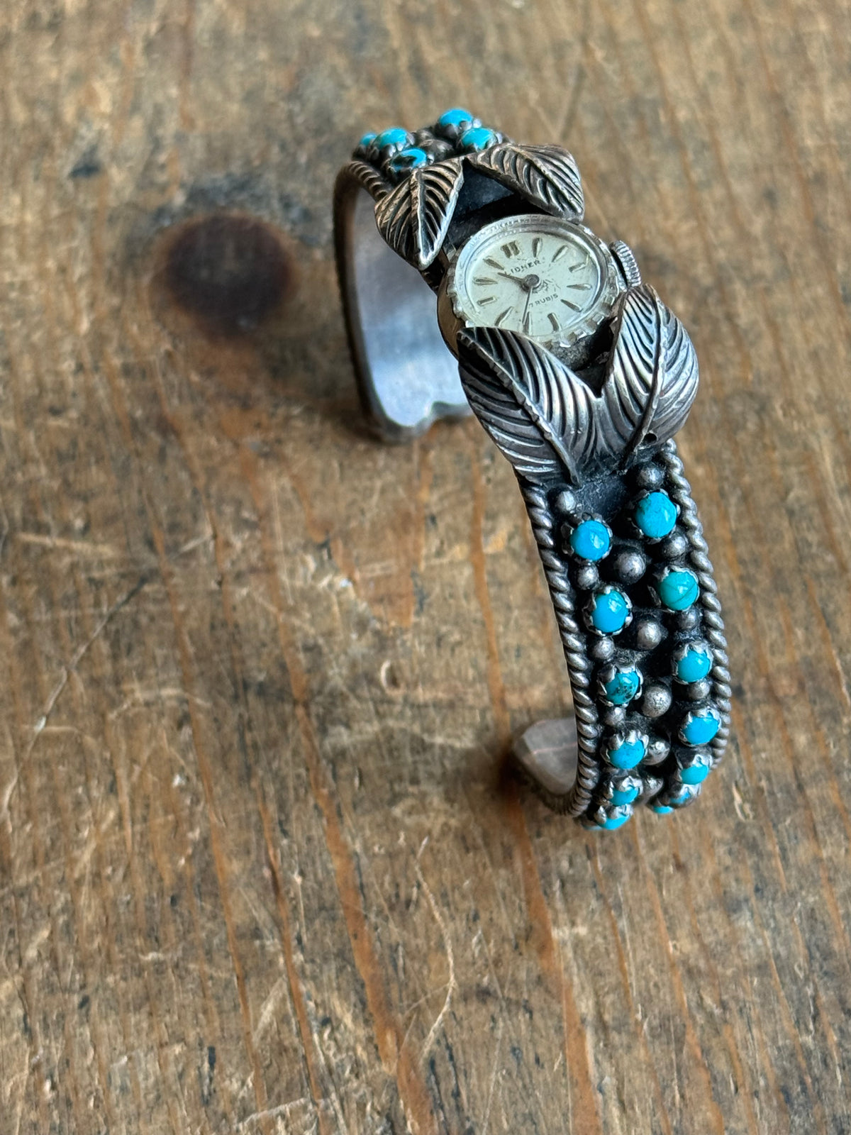 Vintage Sterling Silver Petit Point Turquoise Leaf Watch Cuff Bracelet