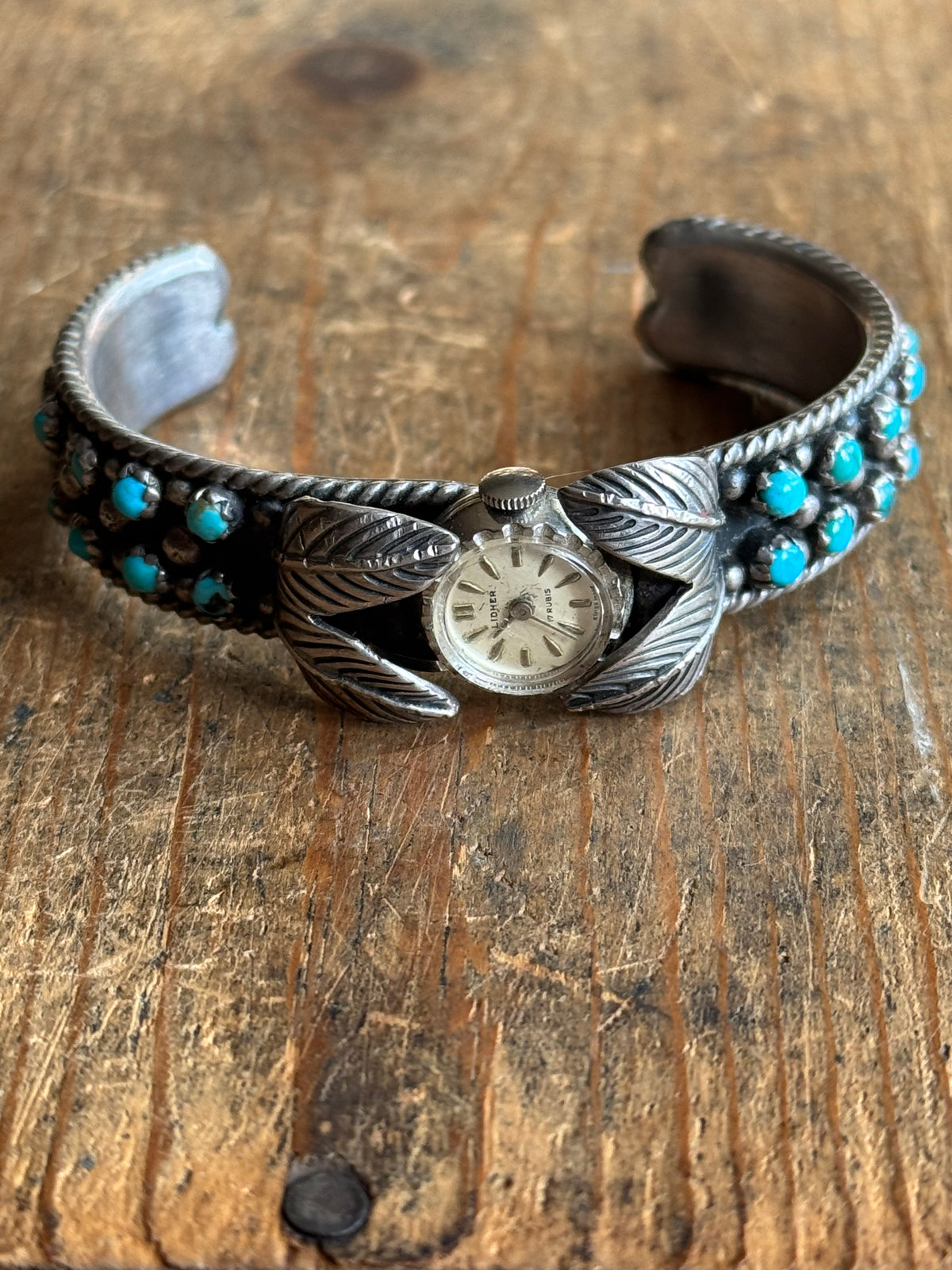 Vintage Sterling Silver Petit Point Turquoise Leaf Watch Cuff Bracelet