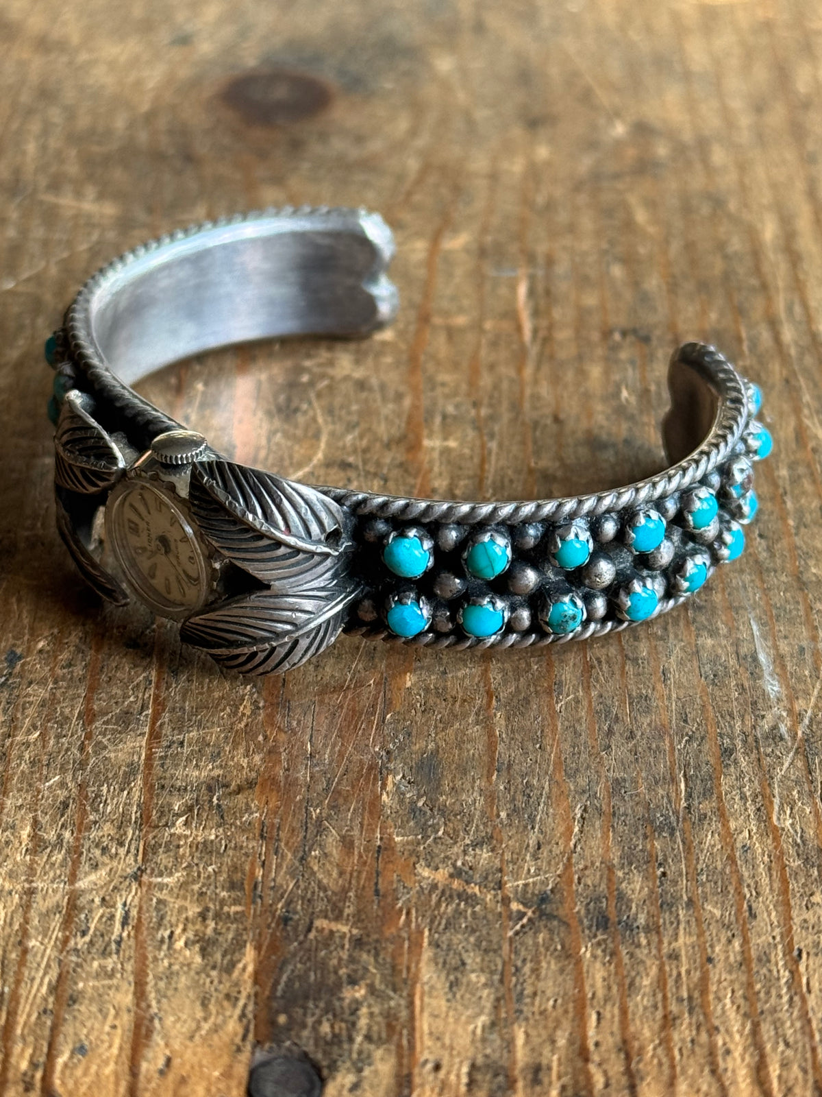 Vintage Sterling Silver Petit Point Turquoise Leaf Watch Cuff Bracelet