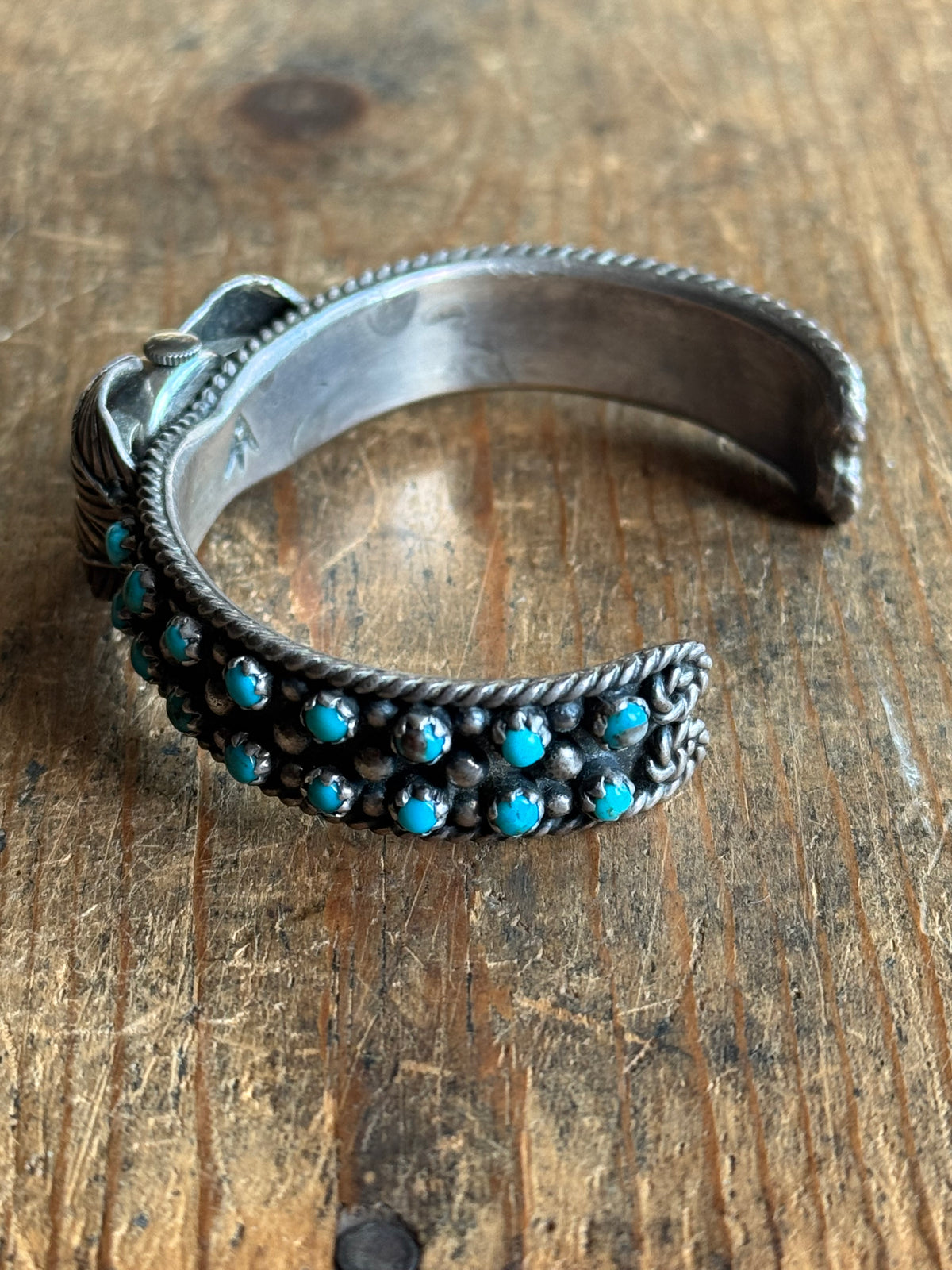 Vintage Sterling Silver Petit Point Turquoise Leaf Watch Cuff Bracelet