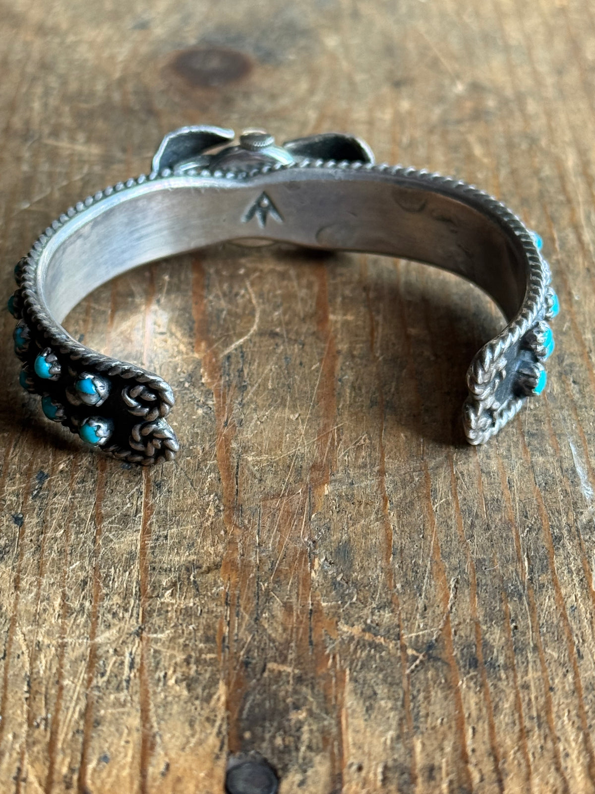 Vintage Sterling Silver Petit Point Turquoise Leaf Watch Cuff Bracelet
