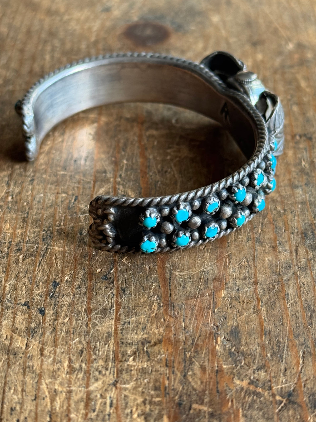 Vintage Sterling Silver Petit Point Turquoise Leaf Watch Cuff Bracelet