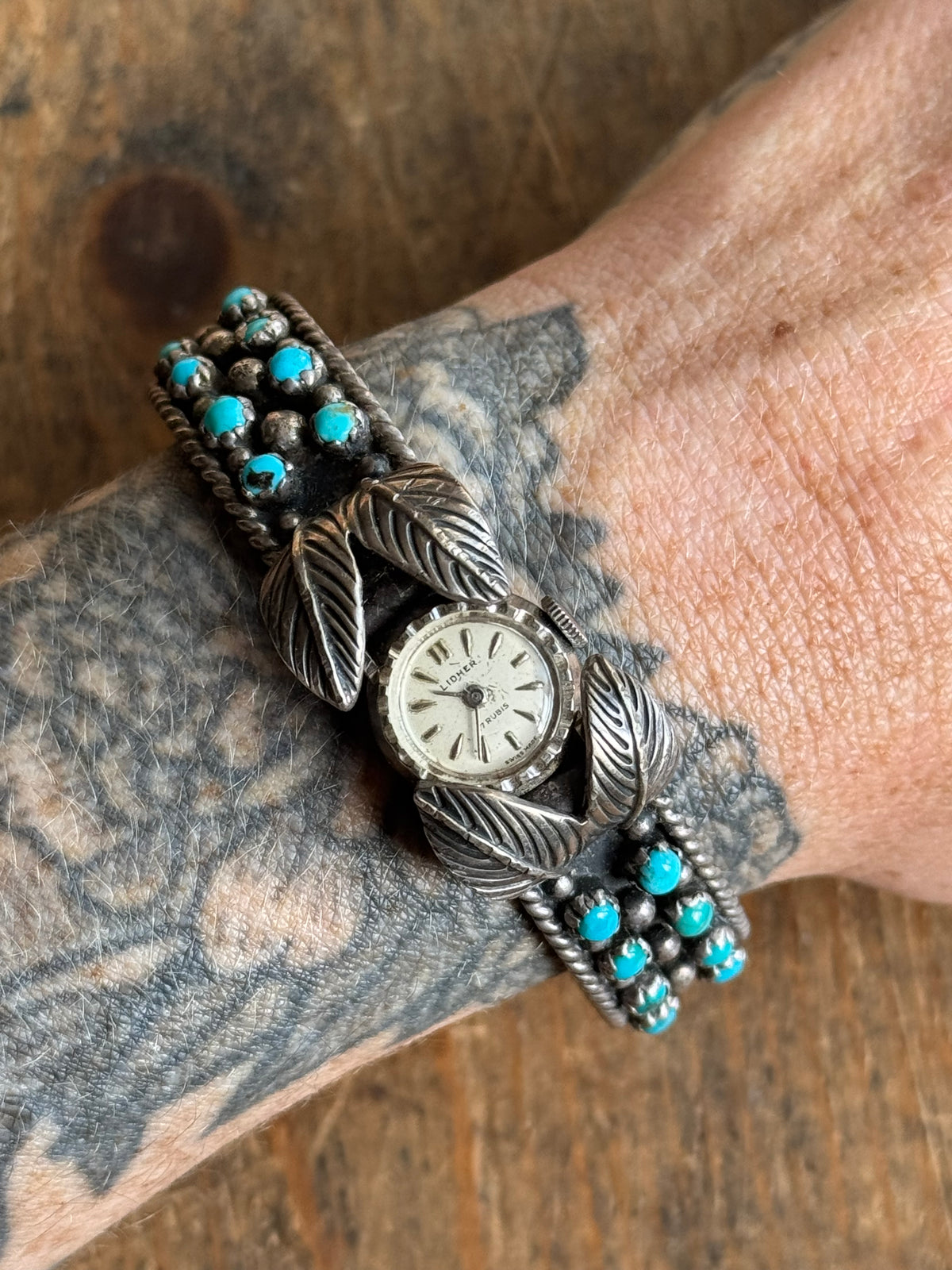 Vintage Sterling Silver Petit Point Turquoise Leaf Watch Cuff Bracelet