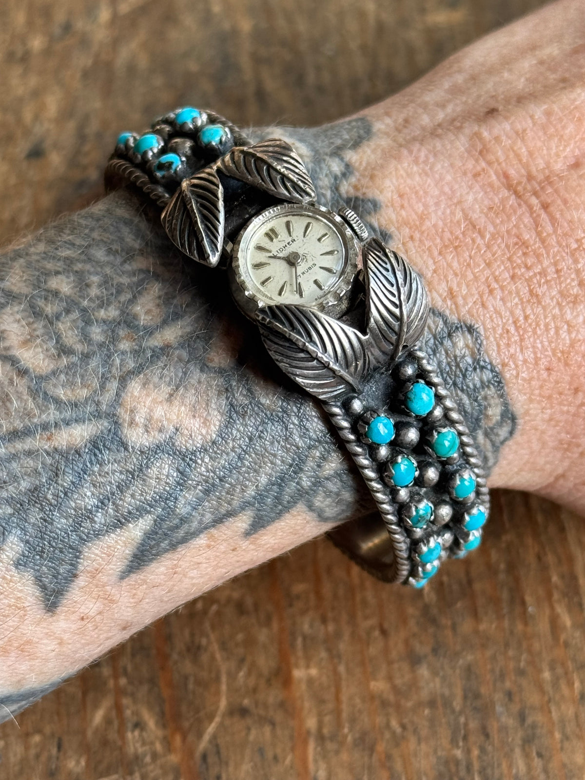 Vintage Sterling Silver Petit Point Turquoise Leaf Watch Cuff Bracelet