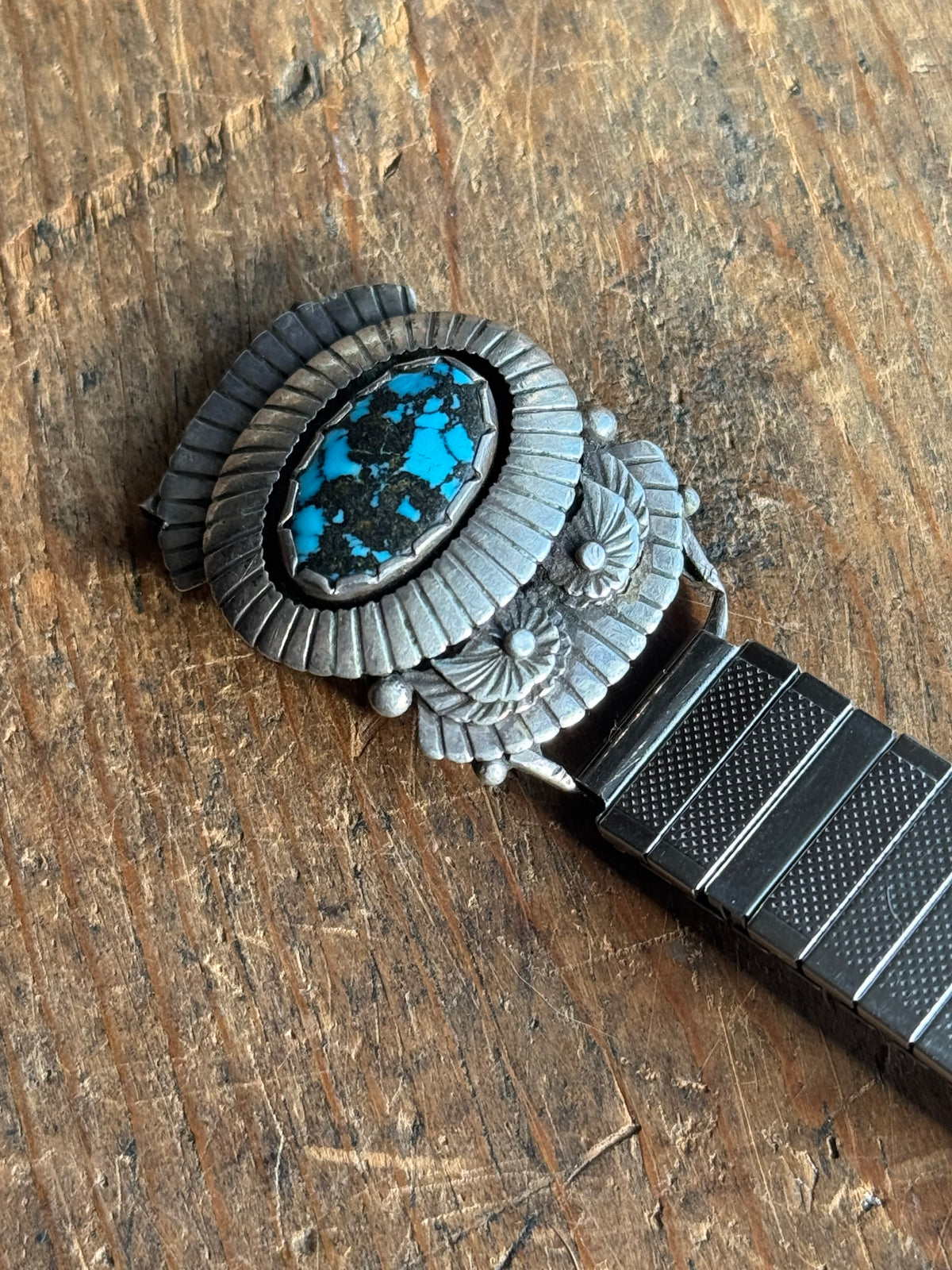 Vintage Sterling Silver Turquoise Stamped Frame Watch Band