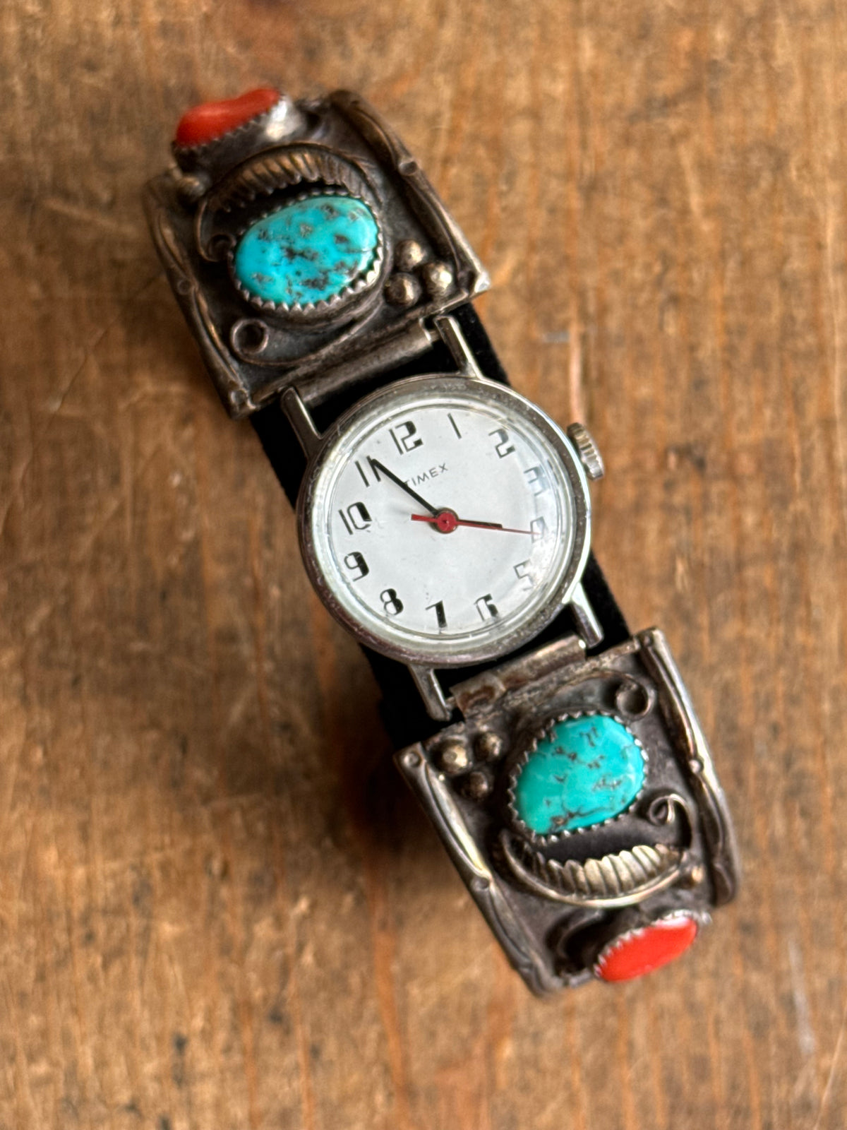 Vintage Sterling Silver Turquoise & Coral Leaf Watch Cuff Bracelet