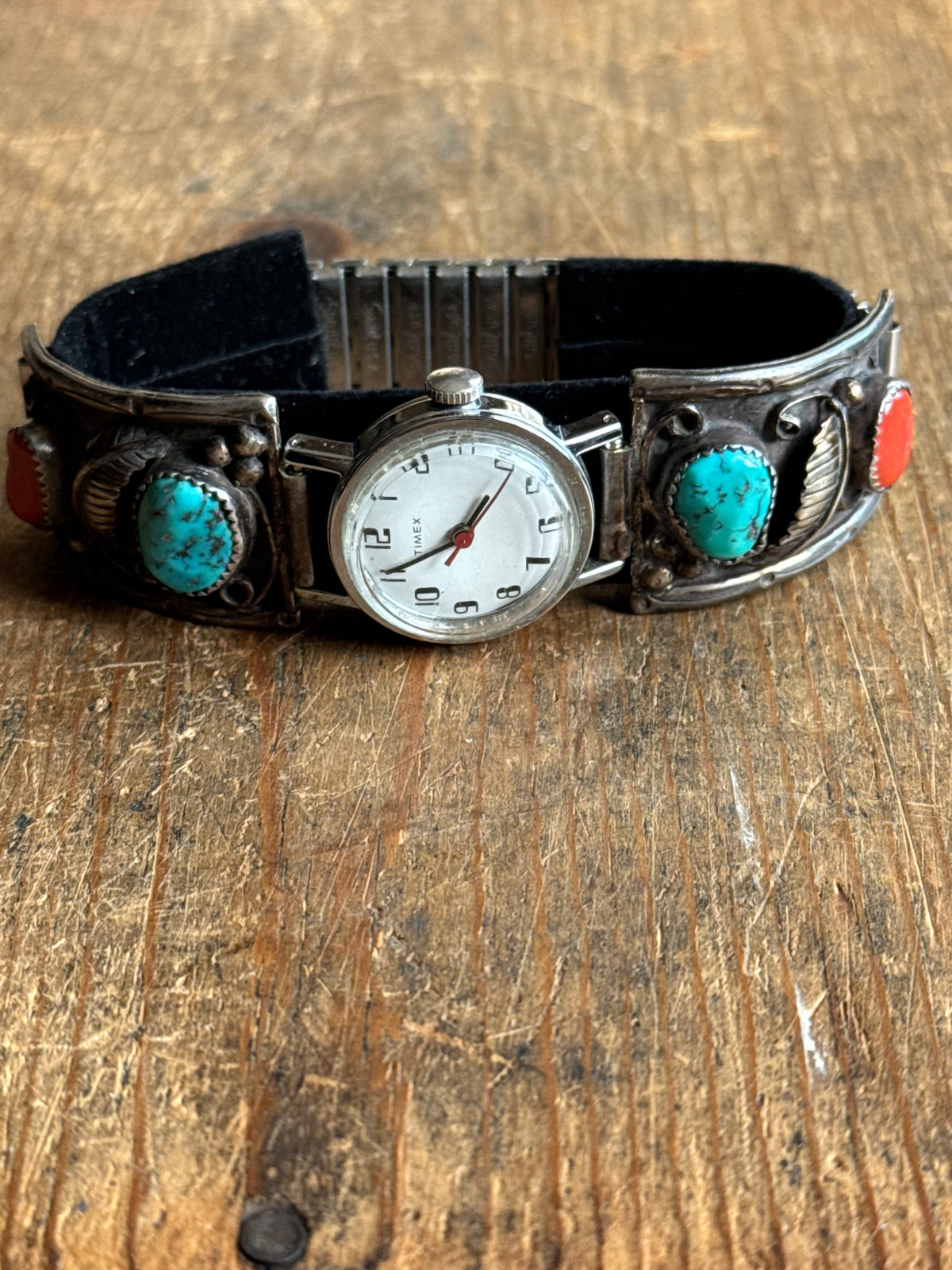 Vintage Sterling Silver Turquoise & Coral Leaf Watch Cuff Bracelet