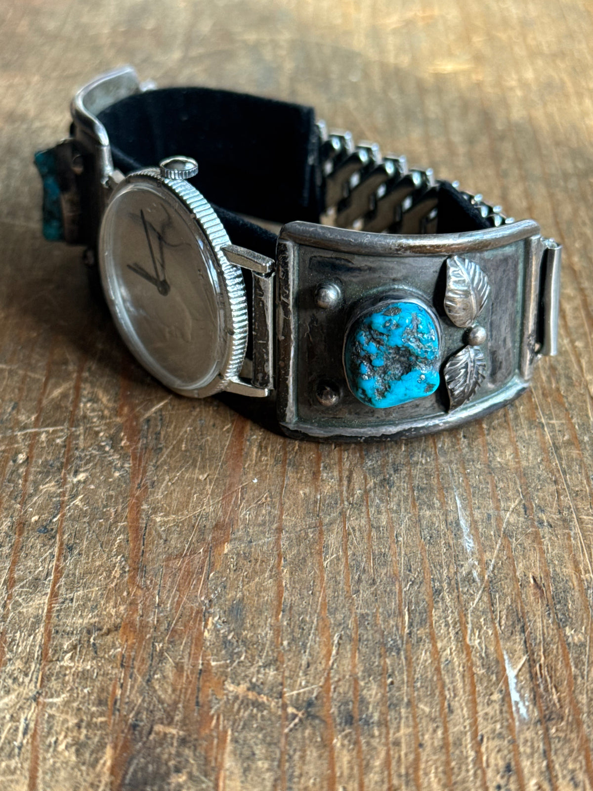 Vintage Sterling Silver Kennedy Half Dollar Turquoise Leaf Watch Cuff Bracelet