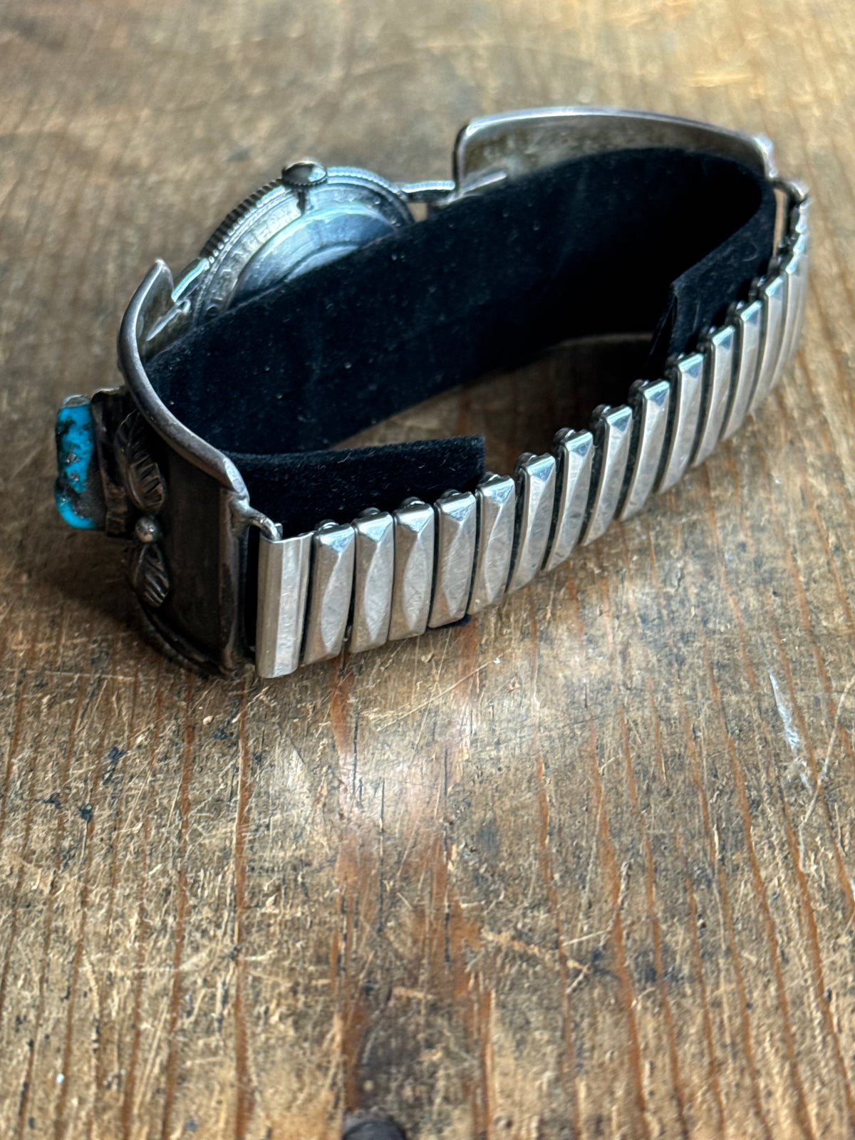 Vintage Sterling Silver Kennedy Half Dollar Turquoise Leaf Watch Cuff Bracelet