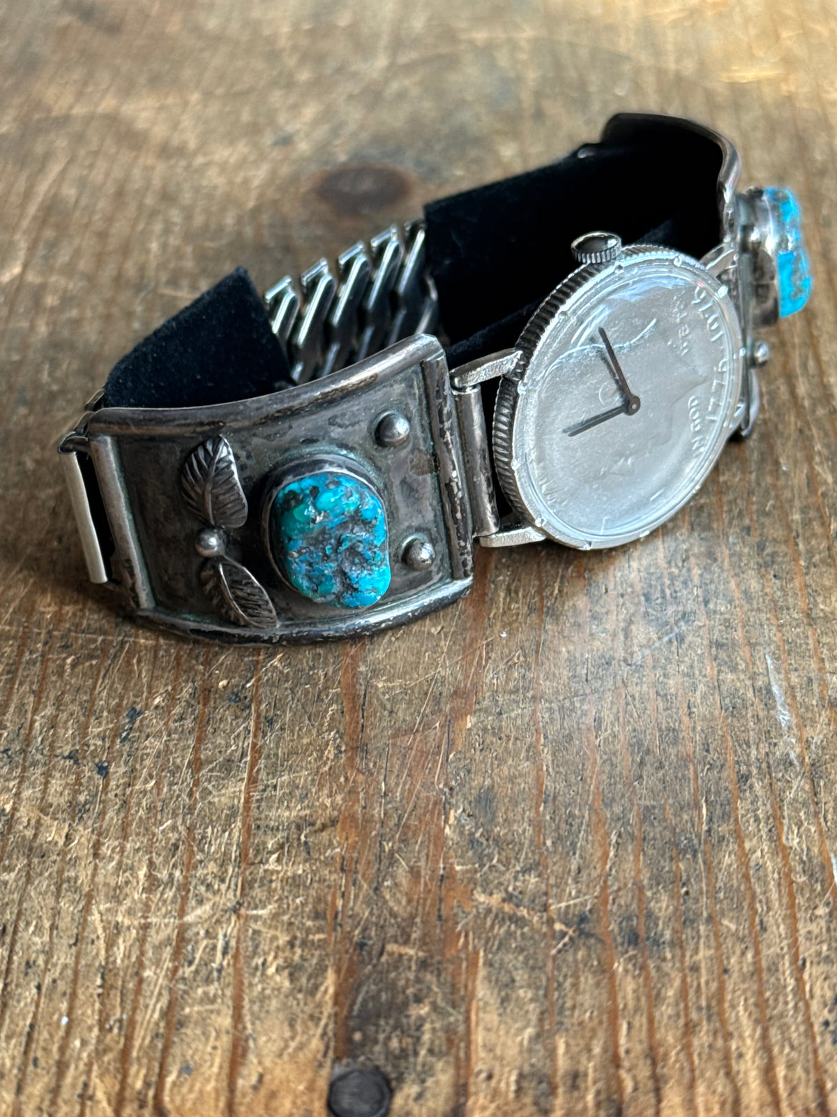 Vintage Sterling Silver Kennedy Half Dollar Turquoise Leaf Watch Cuff Bracelet