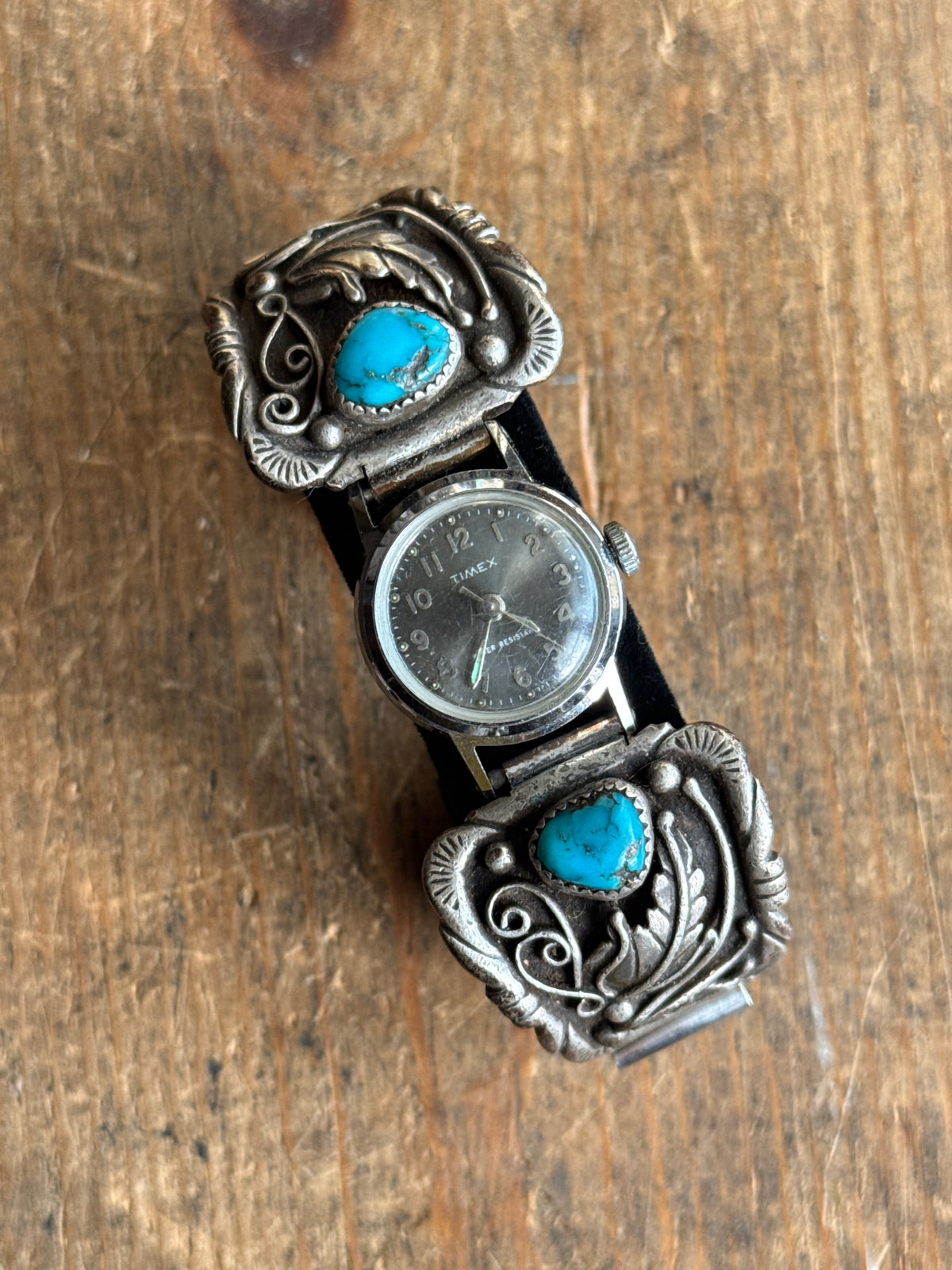 Vintage Sterling Silver Turquoise Leaf Watch Cuff Bracelet