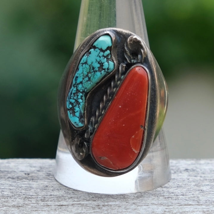 Vintage Sterling Turquoise and Coral Ring 11.75