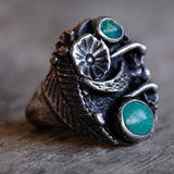Vintage Sterling 2-Stone Turquoise Feather Blossom Ring 10.75