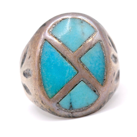 Vintage Sterling Turquoise Inlay Stamped Band Ring 7.75