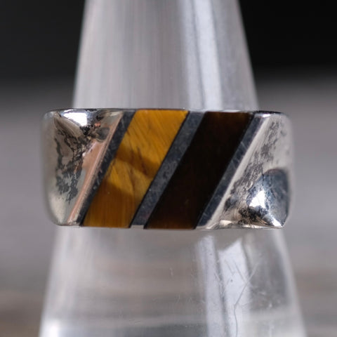 Vintage Sterling Onyx and Tigers Eye Inlay Ring 10