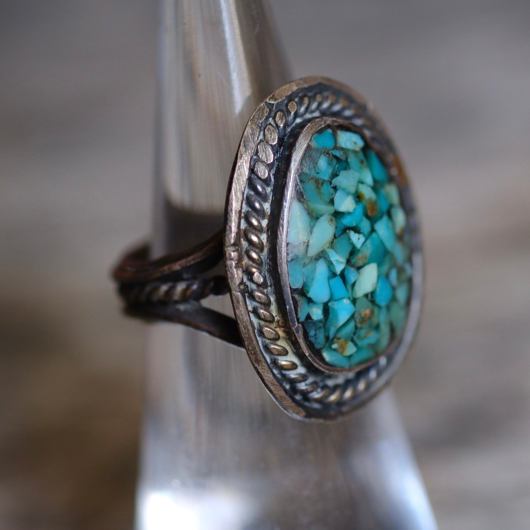 Vintage Sterling Turquoise Chip Inlay Roper Ring 4