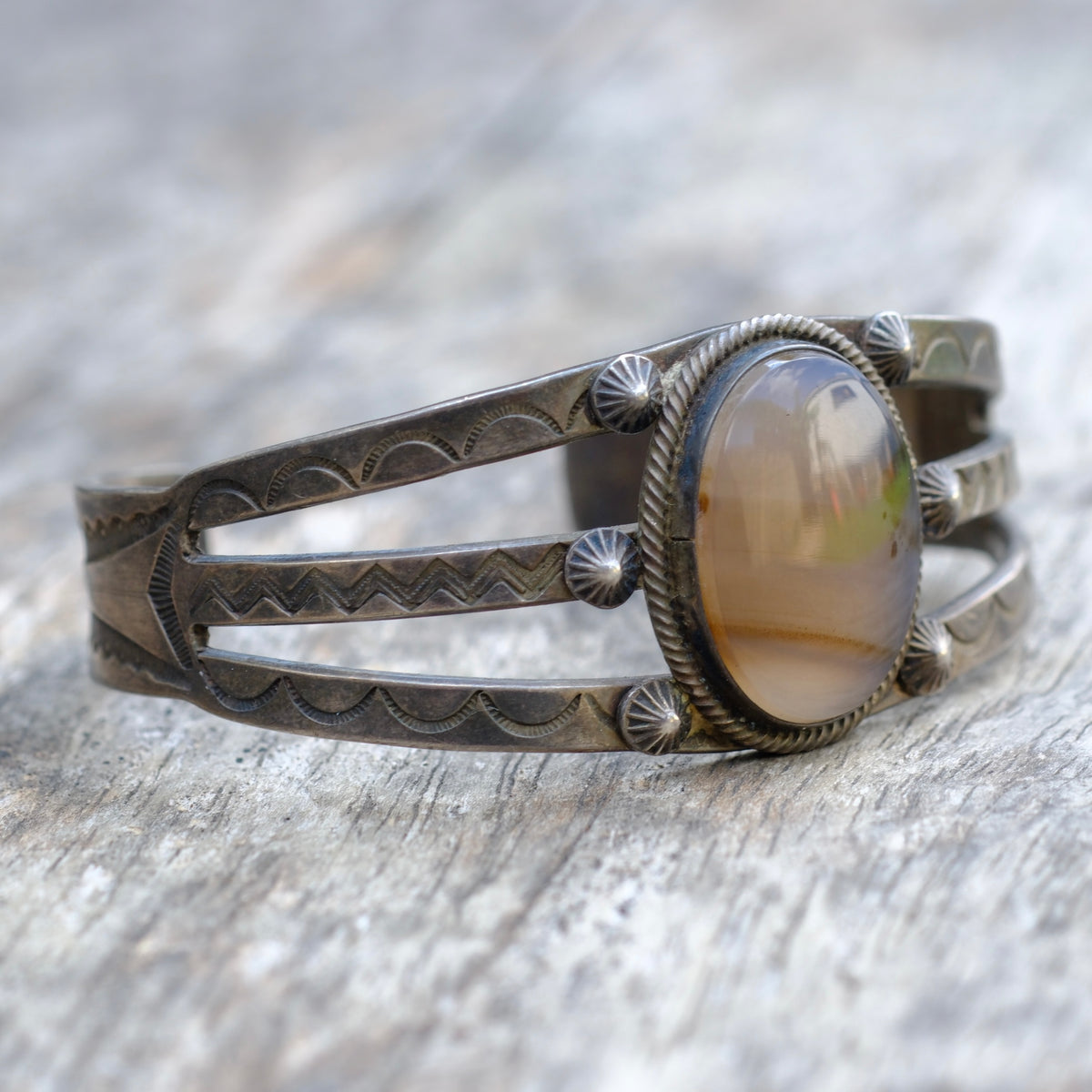 Vintage Sterling Silver Agate Stamped Cuff Bracelet