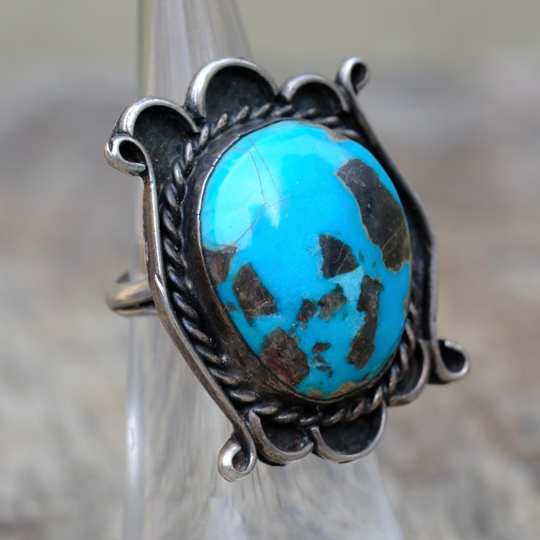 Vintage STerling Turquoise Roper Ring 4.25