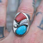 Vintage Sterling Turquoise and Coral Feather Ring 11.25