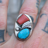 Vintage Sterling Turquoise and Coral Feather Ring 11.25