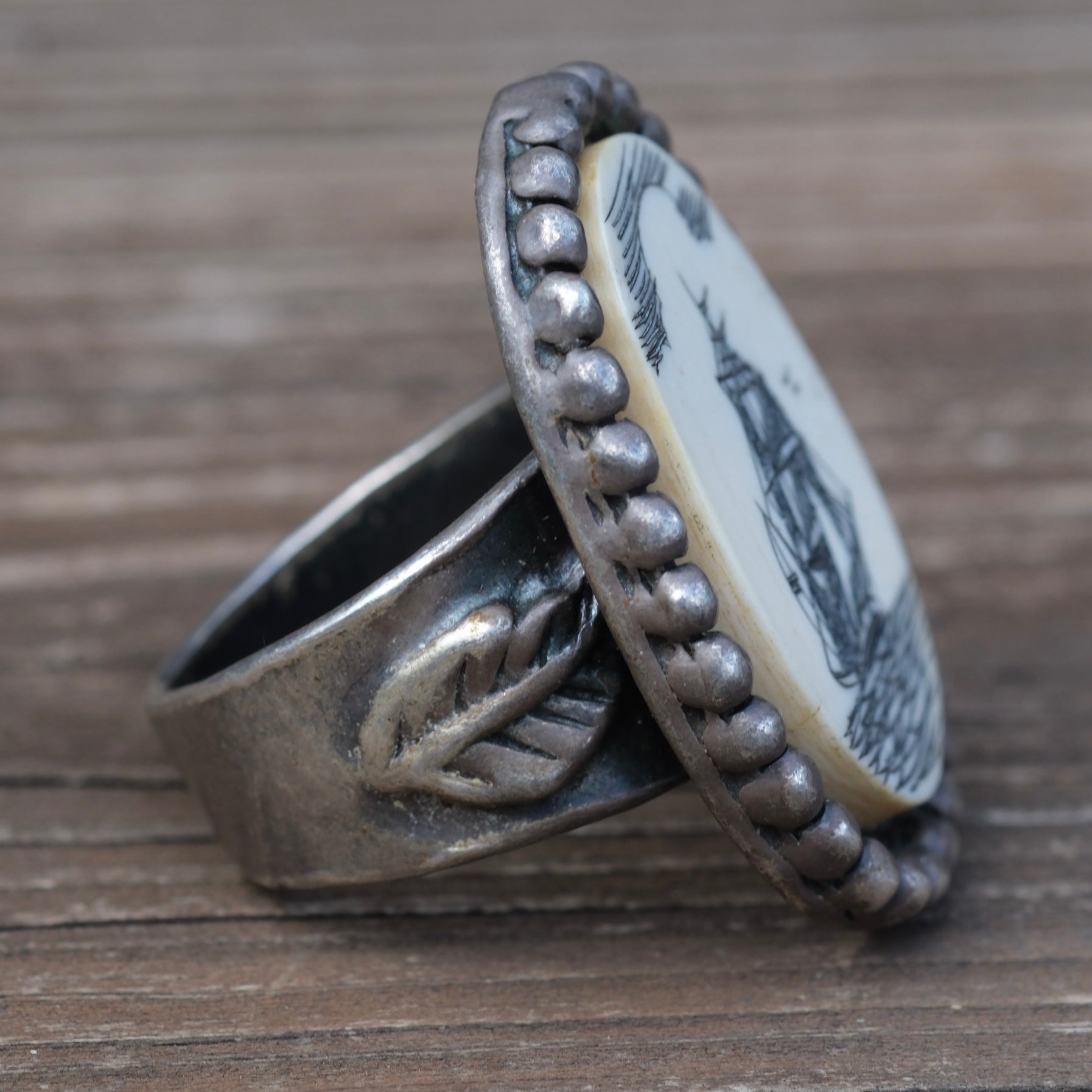 Vintage Sterling Tall Ship Scrimshaw Ring 9