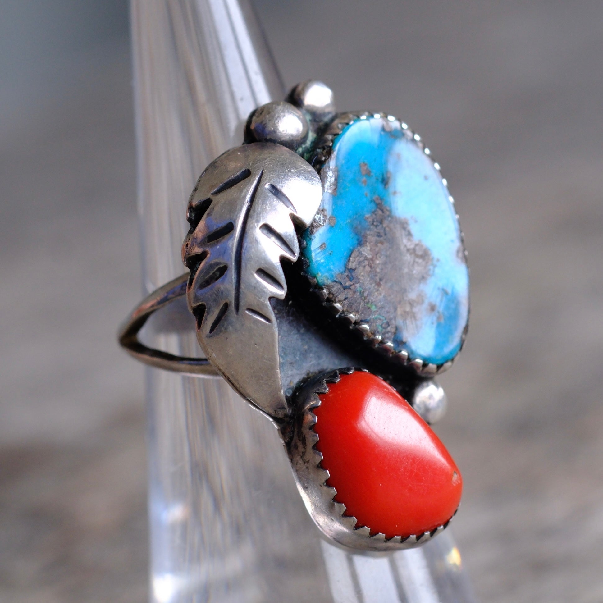 Vintage Sterling Turquoise and Coral Feather Ring 5.5