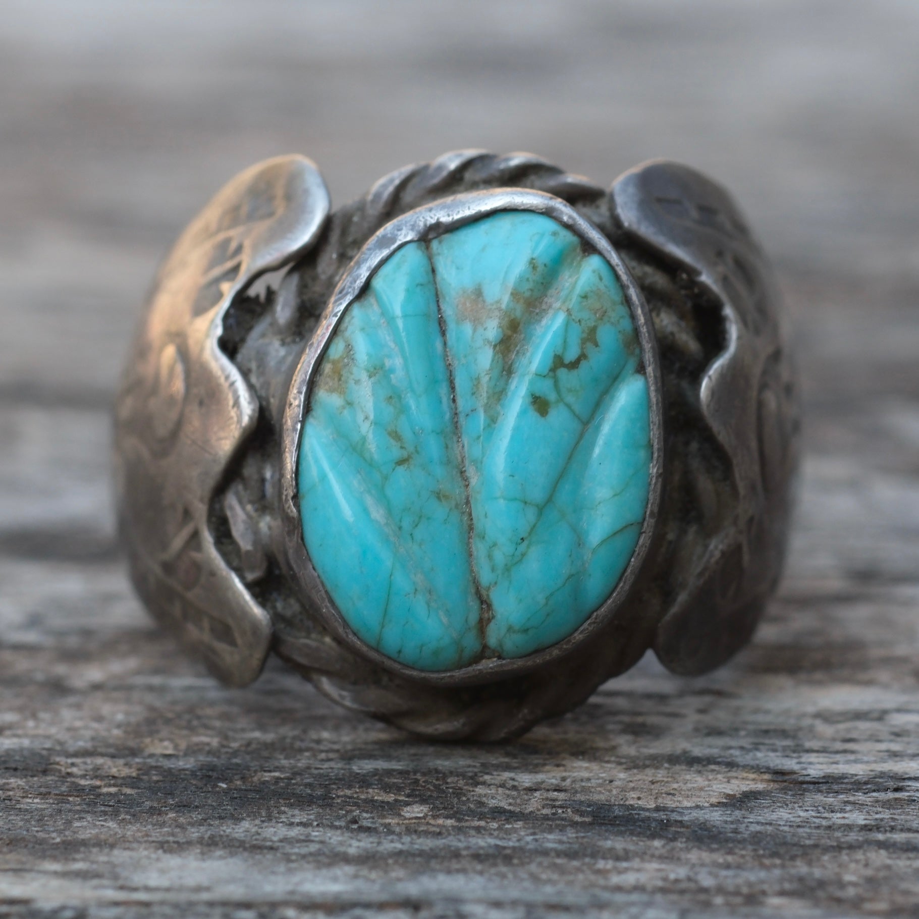 Vintage Sterling Carved Turquoise Ring 7