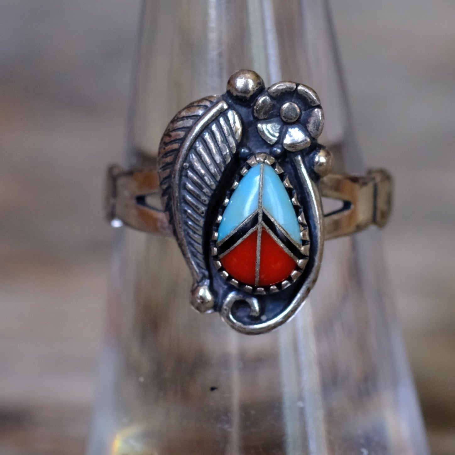 Vintage Sterling Inlay Feather Ring 6.25