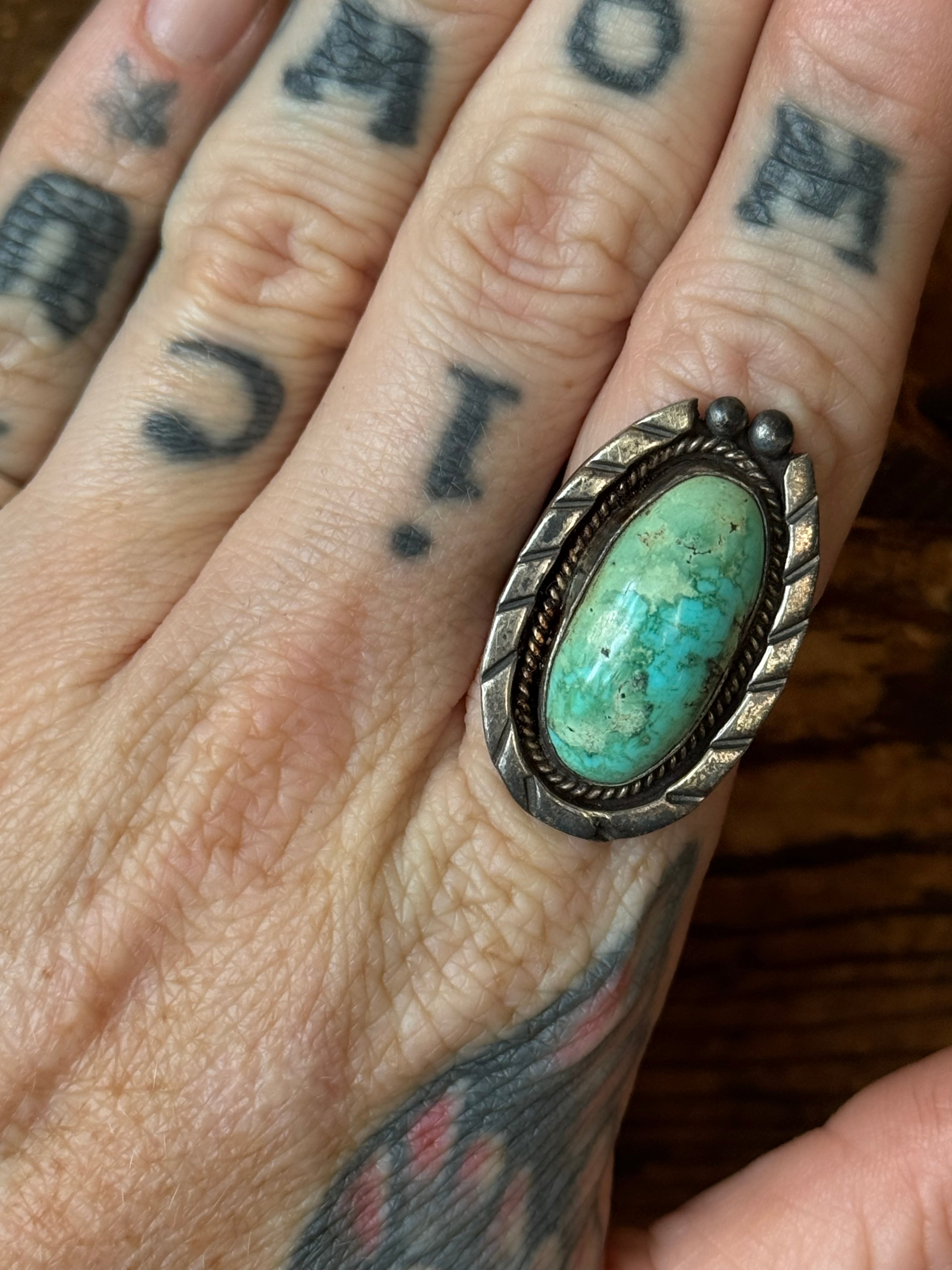 Vintage Sterling Silver Framed Turquoise Ring 6.5