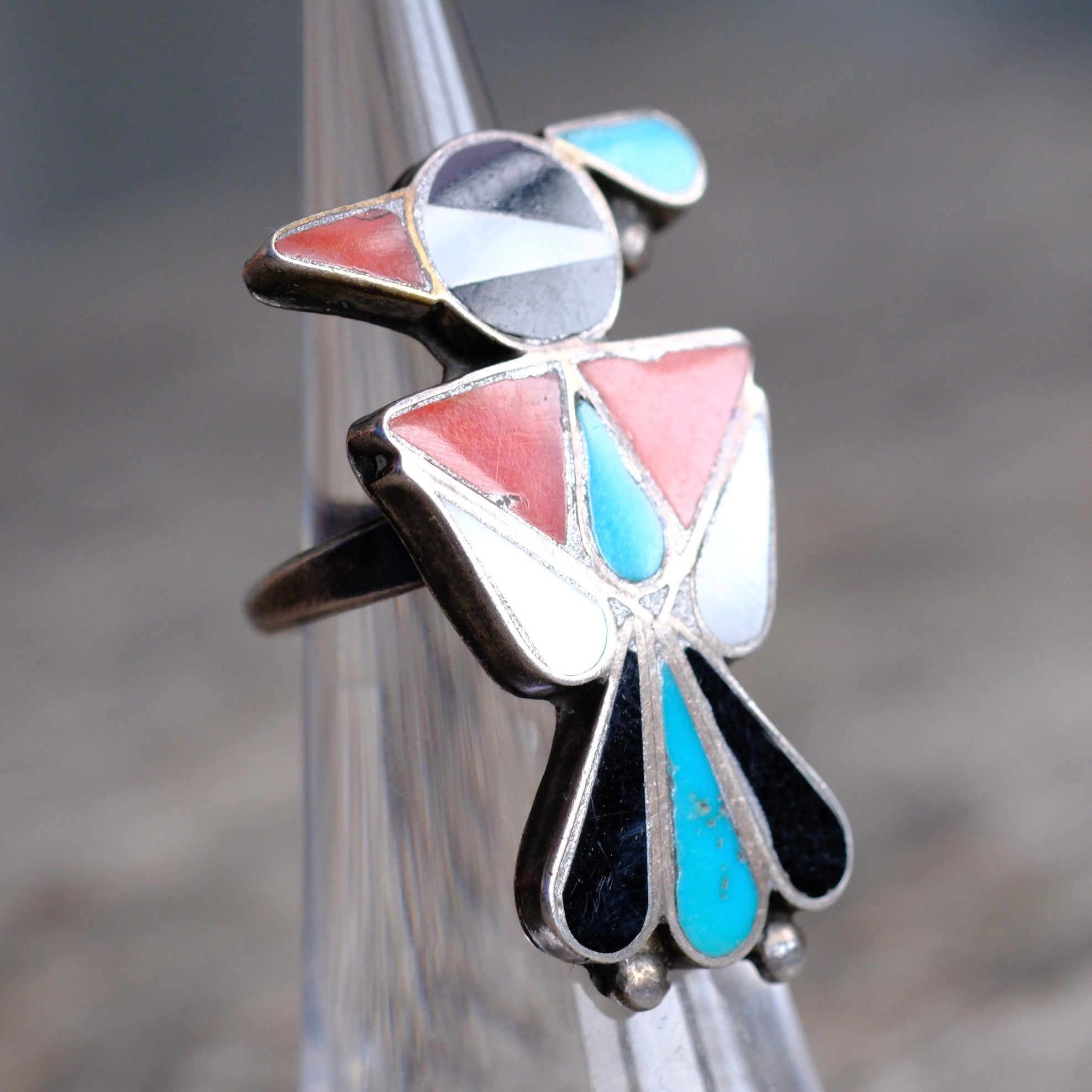 Vintage Sterling Multistone Inlay Thunderbird Ring 2.5