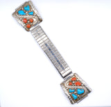 Vintage Sterling 6-Stone Turquoise and Coral Snake Watch Band