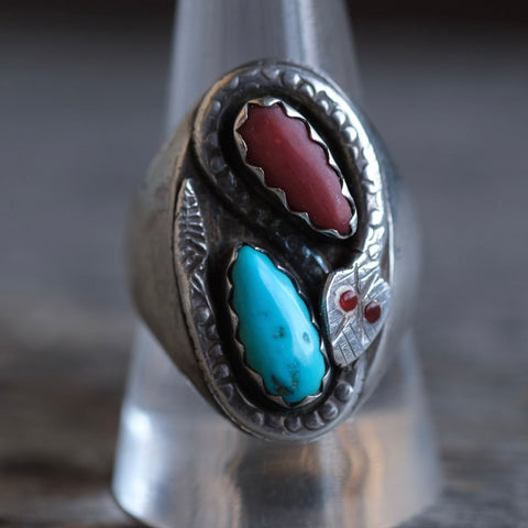 Vintage Sterling Turquoise and Coral Ring 10.25