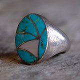 Vintage Sterling Zuni Inlay Turquoise and Mother Of Pearl Inlay Ring 10.75