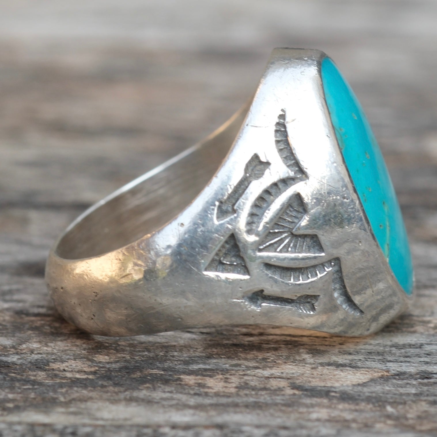Vintage Sterling Turquoise Bells Trading Post Ring 10.75