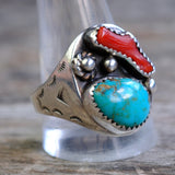 Vintage Sterling Turquoise and Coral Stamped Band Ring 12.5
