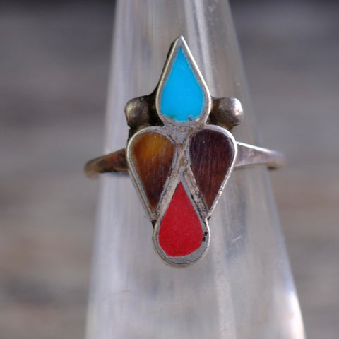 Vintage Sterling Turquoise Coral and Shell Inlay Ring  4