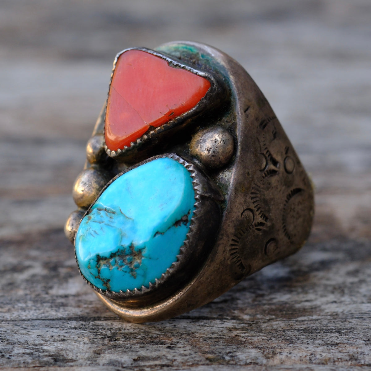 Vintage Sterling Turquoise and Coral Ring 11