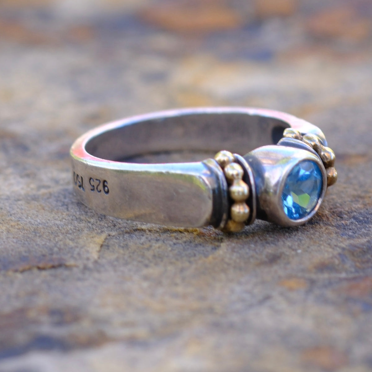 Vintage Sterling and 18K Gold Topaz Ring 6 Caviar-Lagos