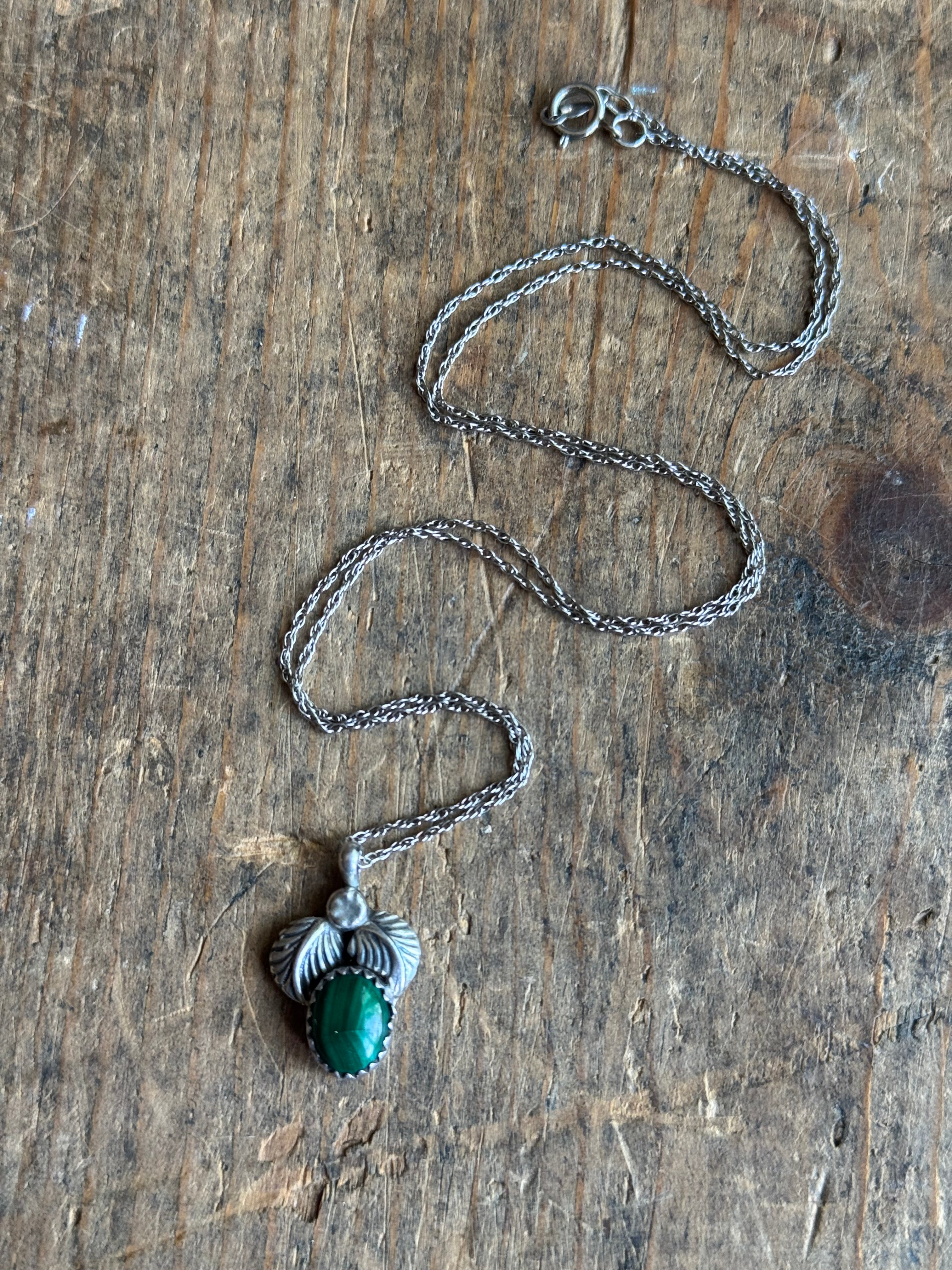 Vintage Sterling Silver Malachite Feather Necklace