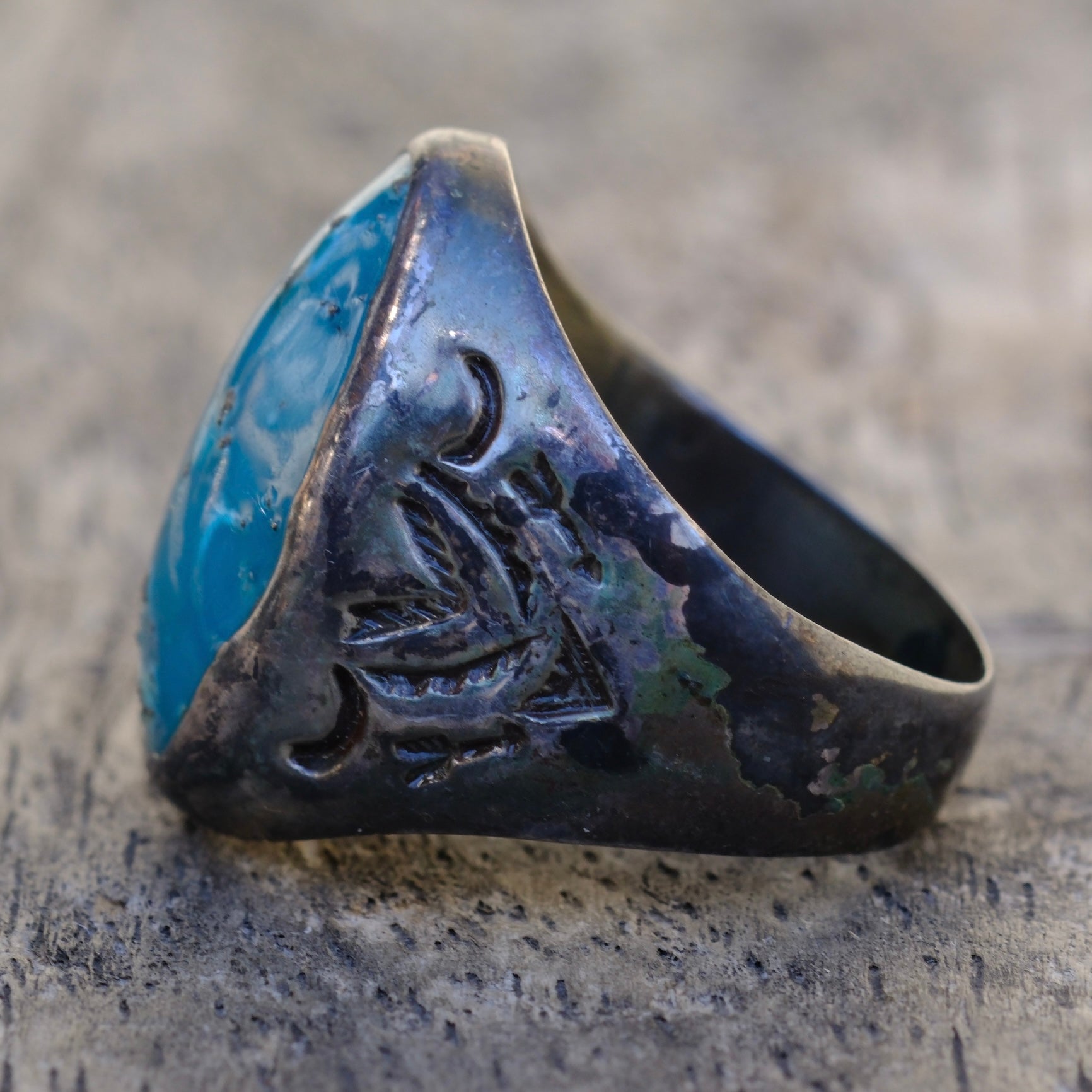 Vintage Sterling Turquoise Stamped V Bells Trading Post Ring 8.75
