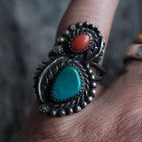 Vintage Sterling Turquoise and Coral Feather Ring 7.5