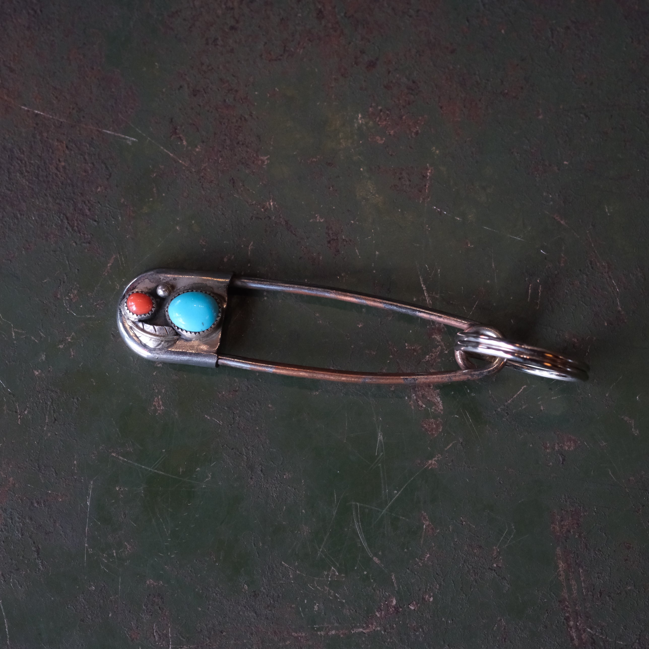 Vintage Turquoise and Coral Safety Pin Keychain 3"