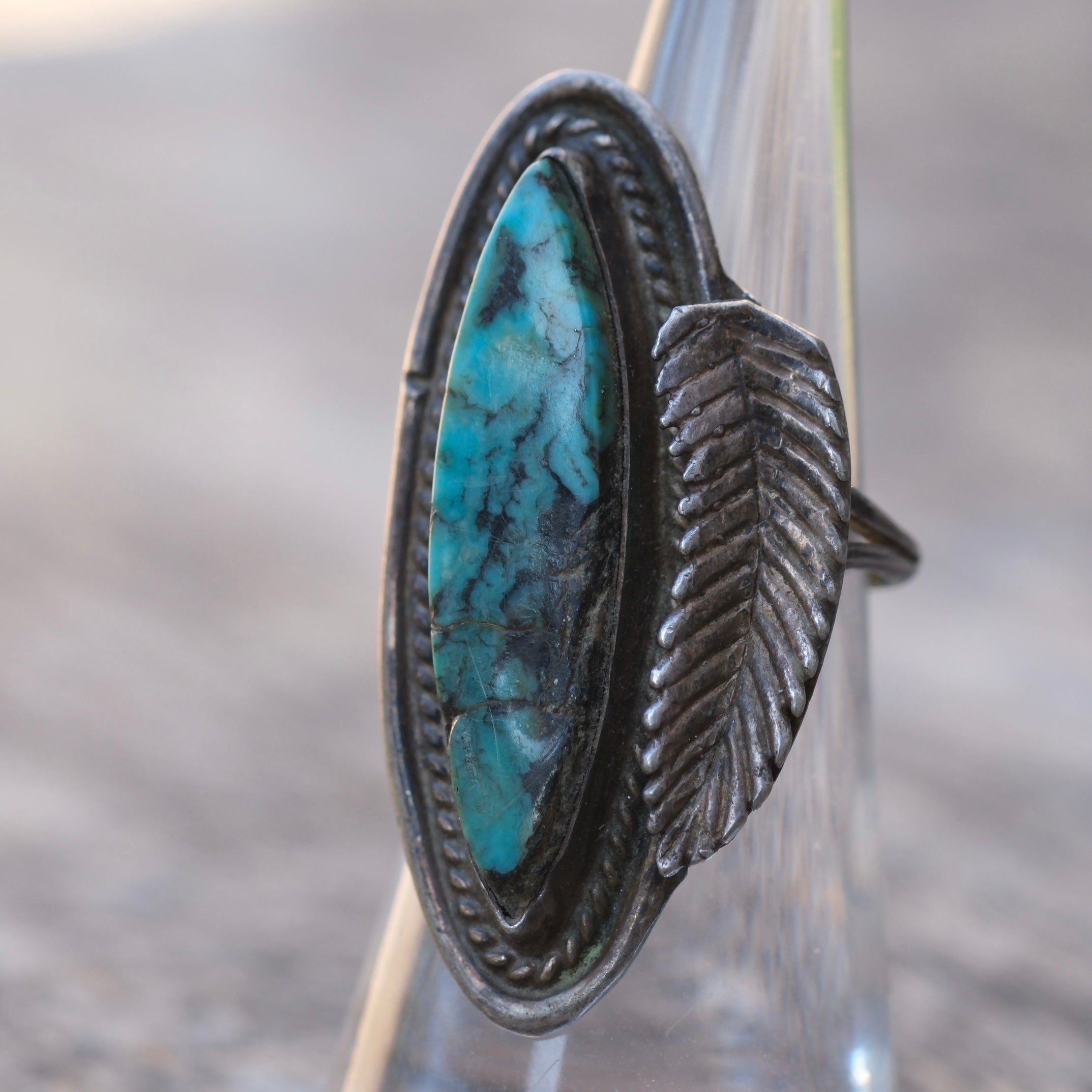 Vintage Sterling Turquoise Feather Ring 5.5