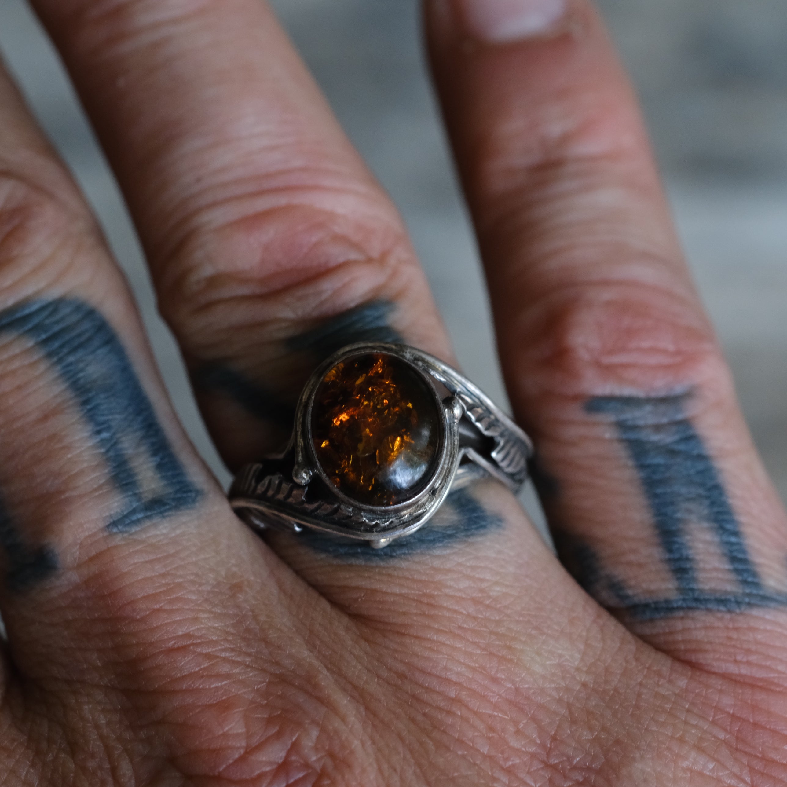 Vintage Sterling Amber Feather Ring 8.75