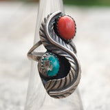 Vintage Sterling Turquoise and Coral Feather Ring 5.75