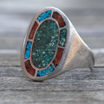 Vintage Sterling Turquoise and Coral Inlay Ring 12