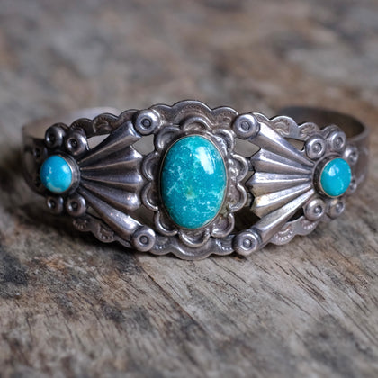 Vintage Coin Silver 3-Stone Turquoise Cuff Bracelet