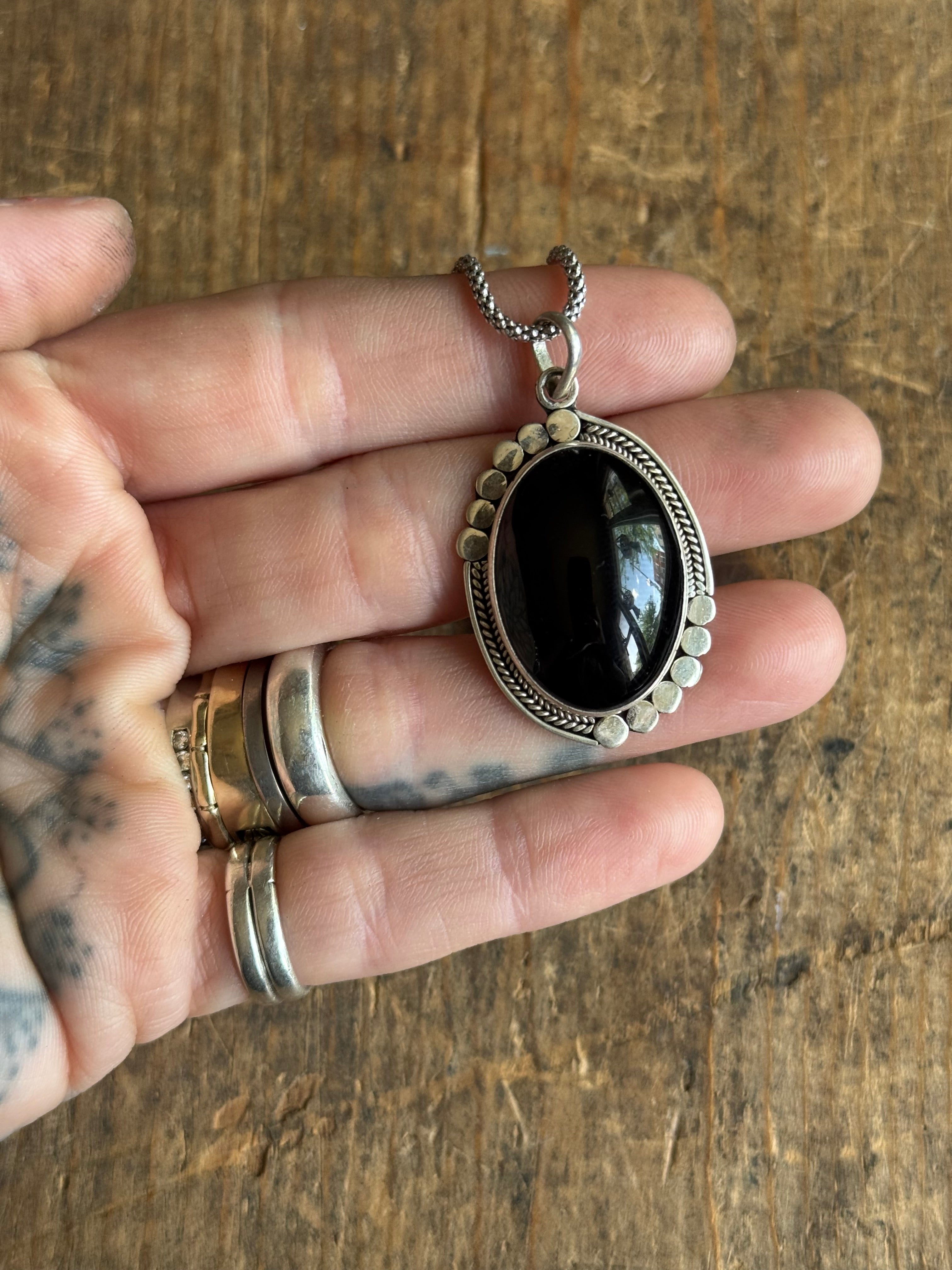 Vintage Sterling Silver Onyx Tribal Pendant