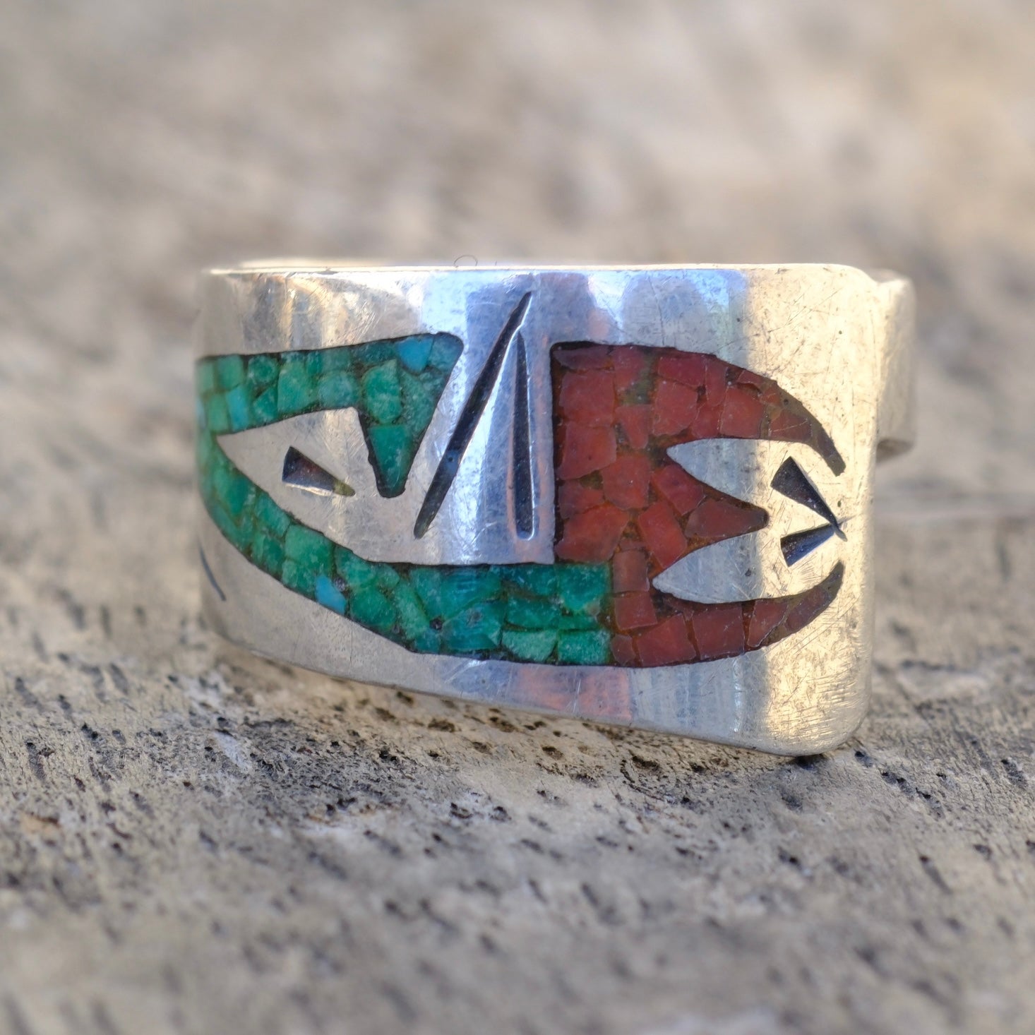 Vintage Sterling Turquoise and Coral Inlay Ring 6.25